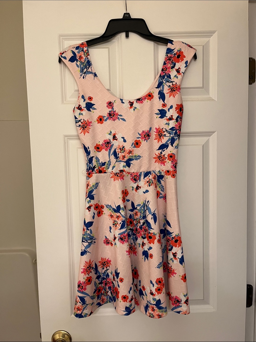 Candie's Light Pink Floral Dress with Blue & Red Accents